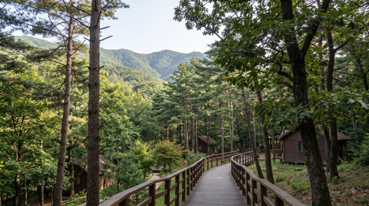 경기도 의왕 도심 근교에 위치한 바라산자연휴양림의 청정한 숲과 숙박 시설