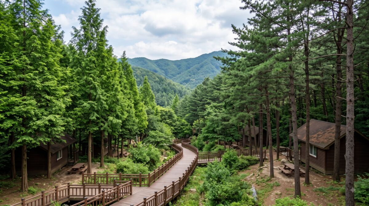 남양주 축령산자연휴양림 울창한 잣나무 숲과 숲속의집 전경