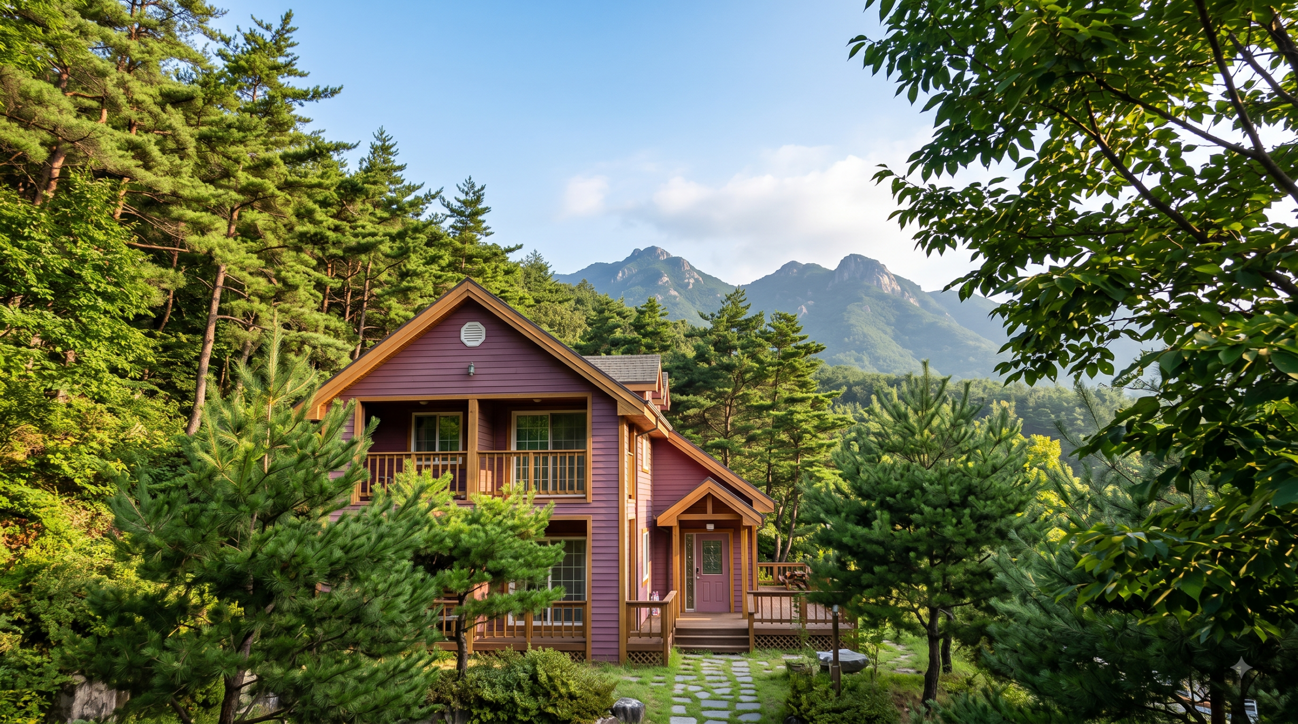 삼척 검봉산자연휴양림 울창한 숲과 연립동 전경