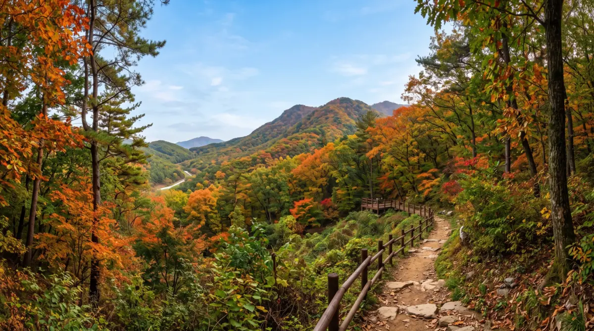 의왕 바라산자연휴양림 울창한 산책로와 숙박시설 전경