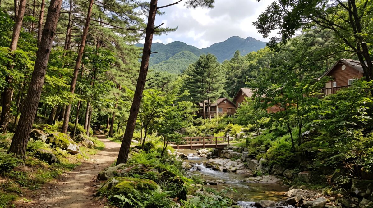 양평 용문산자연휴양림 백운봉 자락의 청정 숲속 산책로와 친환경 숲속의집 객실 전경